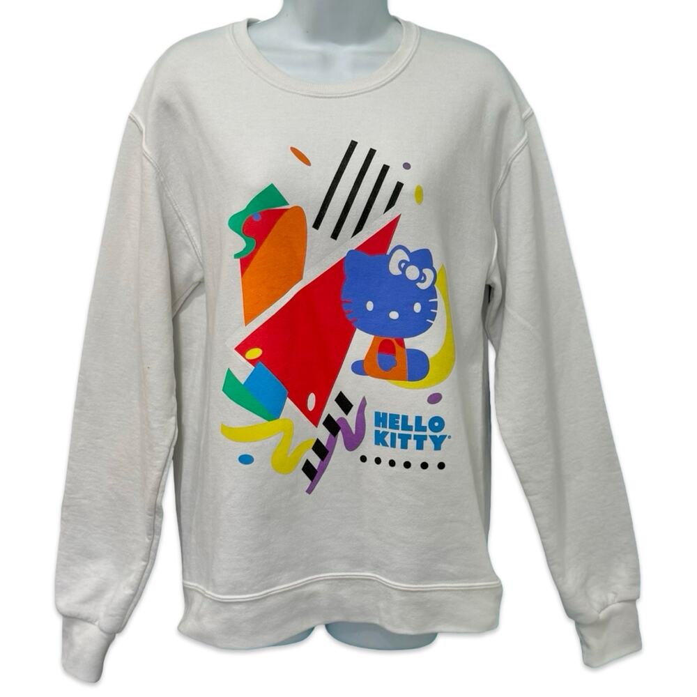 Hello Kitty Sanrio 90s Theme Geometric White Crew Neck Sweatshirt sz S Oversize - Picture 5 of 10